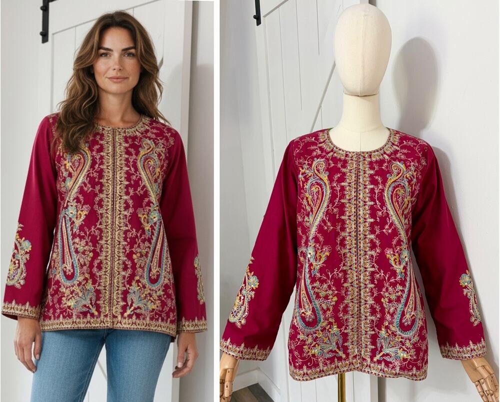 Sapphire Size L Embroidered Floral Paisley Cotton Jacket Maroon Lined Artsy